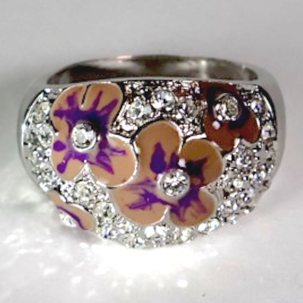 Swarovski Crystal Floral Enamel Ring Silver Overlay Brass Size 8 Statement Band